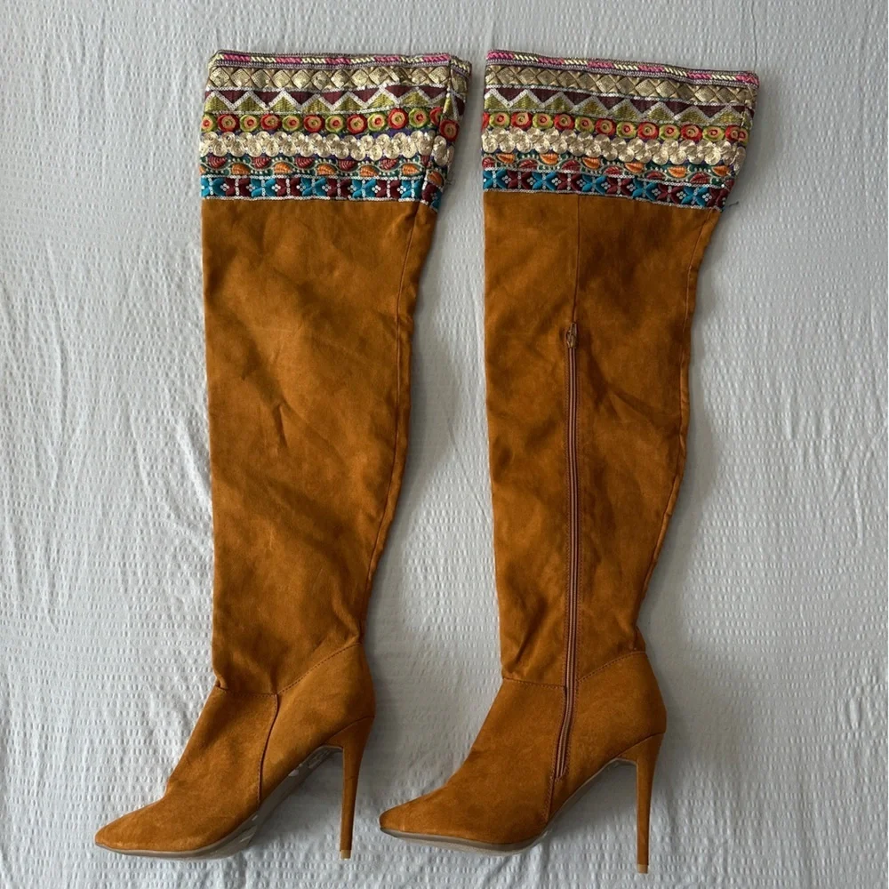 Anne Michelle Tan Faux Suede Aztec Embroidered Over The Knee Thigh High Boots